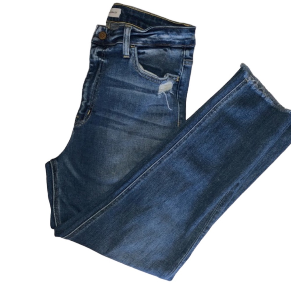 Flying Monkey Women’s Medium Wash Raw Hem Straight Leg Distressed Jeans Size 31